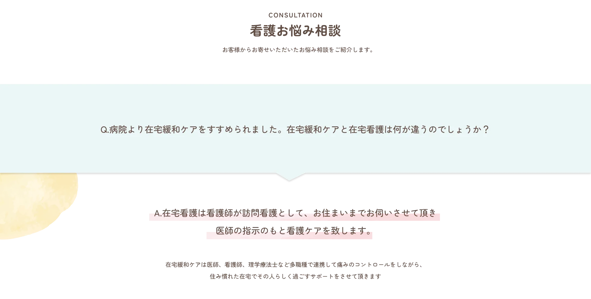 CONSULTATION
            看護お悩み相談
            お客様からお寄せいただいたお悩み相談をご紹介します。
            
            Q. 病院より在宅緩和ケアをすすめられました。在宅緩和ケアと在宅看護は何が違うのでしょうか？
            
            A. 在宅看護は看護師が訪問看護として、お住まいまでお伺いさせて頂き
            医師の指示のもと看護ケアを致します。
            
            在宅緩和ケアは医師、看護師、理学療法士など多職種で連携して痛みのコントロールをしながら、
            住み慣れた在宅でその人らしく過ごすサポートをさせて頂きます。
